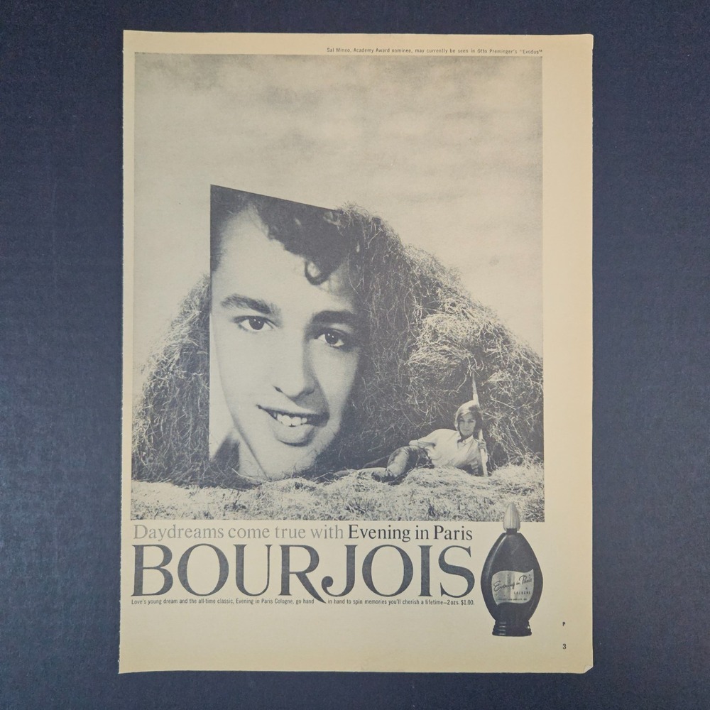 1961 Evening In Paris Bourjois Cologne Vintage Print Ad Sal Mineo Exudus Parfum